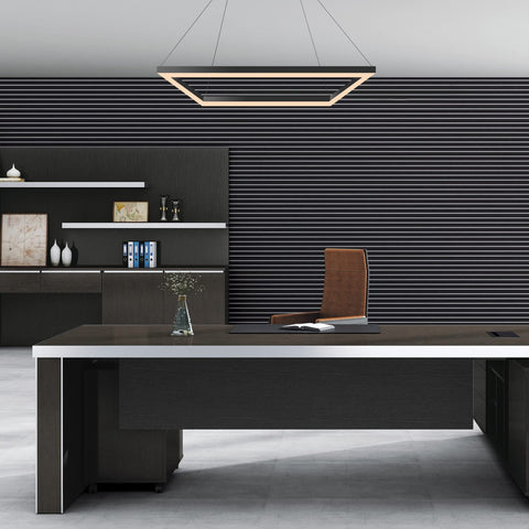 Black 15.75 Inch Modern Square Integrated LED Pendant Light Fixture, Dope Dimmable Metal Hanging Chandelier above office desk