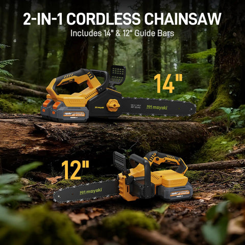 Powerful Cordless 40V 14 Inch Chainsaw With Two 4.0Ah Batteries And Fast Charger 1700W Brushless Motor Auto Oiler shown in forest