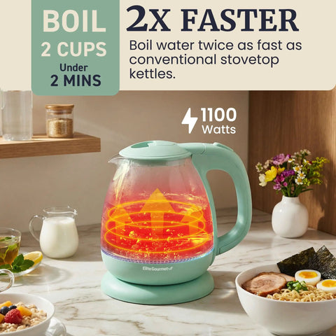 Elite Gourmet Mint Glass Electric Kettle 1L BPA-Free Fast Boil Cordless With Auto Shut Off boiling water on a kitchen counter.