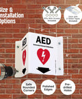 Two Sided Acrylic Aed Sign Built Hard As Nails To Help You Locate Life Saving Gear Fast With Heavy Duty Polished Wall Mount Display Featuring Bold Down Arrow Symbol Indoors Outdoors, showing size and installation options on a brick wall.