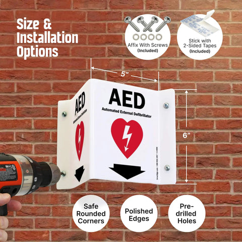 Two Sided Acrylic Aed Sign Built Hard As Nails To Help You Locate Life Saving Gear Fast With Heavy Duty Polished Wall Mount Display Featuring Bold Down Arrow Symbol Indoors Outdoors, showing size and installation options on a brick wall.