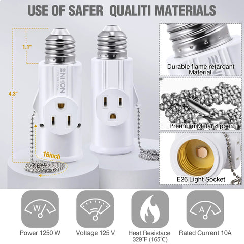 Beefed Up 3 Prong E26 Light Socket to Plug Adapter, White Heat Resistant Socket Converter for 2 To 3 Prong Outlets, Light Splitter for Garage Porch CCTV Cameras and Lighting Fixtures, Flame Retardant PBT Design