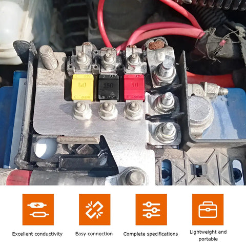 Tough As Nails 18 Piece High Current Bolt On Fuse Kit With 30A To 175A Amps For Cars Trucks Boats RVs showing various fuses in a fuse box.