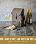 Straight Up Insulated Wine Bag With Matching Cheese Board And Sharp Corkscrew Opener Waxed Canvas Cooler Tote For Two Bottles Pocketed Grab And Go Hauler For Weekend Kickbacks In Khaki Green with wine glasses and cheese board.