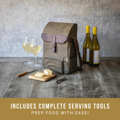Straight Up Insulated Wine Bag With Matching Cheese Board And Sharp Corkscrew Opener Waxed Canvas Cooler Tote For Two Bottles Pocketed Grab And Go Hauler For Weekend Kickbacks In Khaki Green with wine glasses and cheese board.