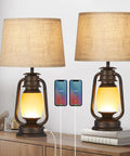 Lantern Table Lamps Set Of 2 With Dimmable Night Light And USB Port Rustic Oil Rubbed Bronze Finish