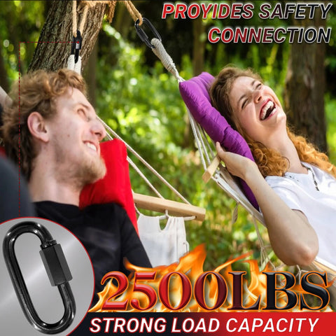 People relaxing in hammocks with Heavy Duty Chain Quick Links Set With Two Half Inch Carabiners, 2500 Lbs Capacity, Anti Rust Black Carbon Steel Connectors For Hammock Hanging, Camping And Hiking, Durable Outdoor Gear