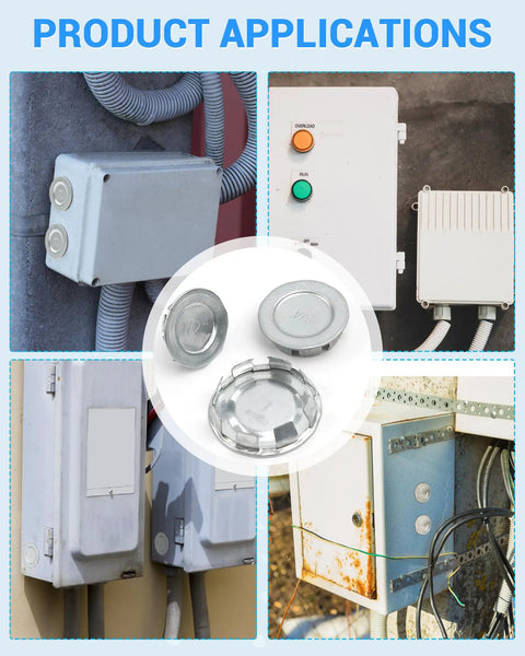 Heavy Duty 12 Pack 1 Inch Knockout Plugs in various electrical boxes, showcasing secure dust and moisture sealing applications.