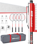 Outdoor Badminton Net Set With Anti Sag Winch System, 20ft Net, 4 Rackets, 3 Shuttlecocks And Carry Bag displayed in package