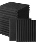 50 Pack Black Wedge Acoustic Foam Panels 1x12x12 Inches High Density Sound Absorbing Wall Tiles stacked for studio use.