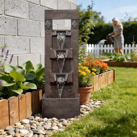 Four Tier Outdoor Water Fountain With LED Lights And Pump, 40.9 Inch Freestanding Cascading Waterfall, brown resin decor