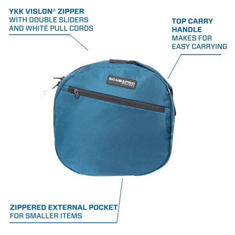 Denim Blue Dive Bag For Scuba Gear With Top Handle, Durable Waterproof Fabric, Easy Access YKK Zippers, External Zip Pocket