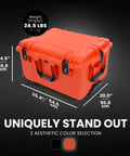 Trail 80 Waterproof Storage Box With Wheels, 79L Outdoor Gear Case, bright orange, dimensions 25.4 x 20 x 14.5 inches, side view.