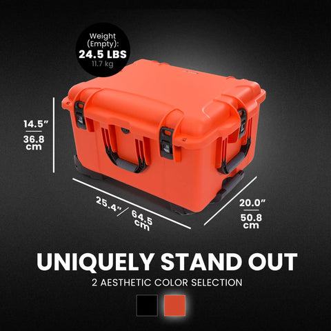 Trail 80 Waterproof Storage Box With Wheels, 79L Outdoor Gear Case, bright orange, dimensions 25.4 x 20 x 14.5 inches, side view.