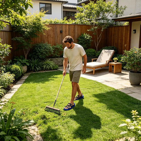 Man wearing Heavy Duty Adjustable Lawn Aerator Shoes with Spike Soles for no fuss lawn care, using them in backyard garden.