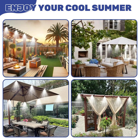 Outdoor Misting System for Patio and Garden creating a chill summer oasis on various patios and decks