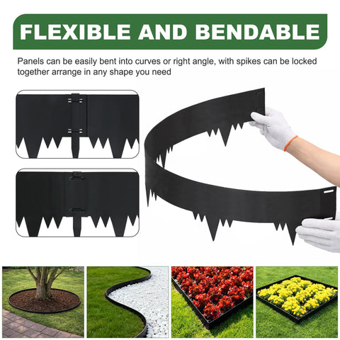 Flexible installation of heavy duty galvanized steel landscape edging border kit with panels and stakes for garden pathways