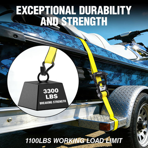 Heavy Duty Ratchet Tie Down Straps 1.5 Inch By 16 Foot 3300 Lb Break Strength in use securing a boat on a trailer