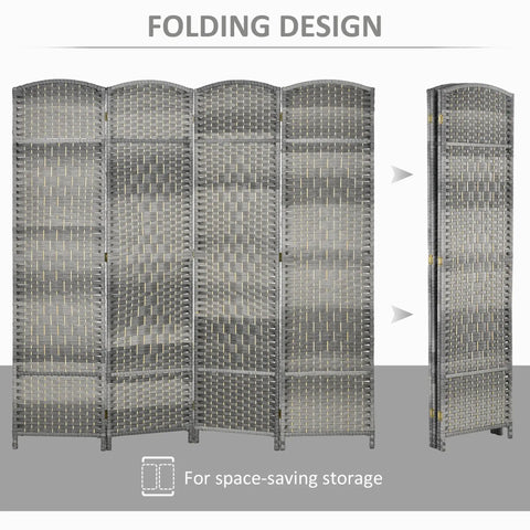 Renters Friendly Ready To Use Six Foot Four Panel Room Divider With Pine Wood Frame Freestanding Privacy Screen Hand Woven PP Panels No Assembly Mixed Gray For Bedroom Or Home Office folding design