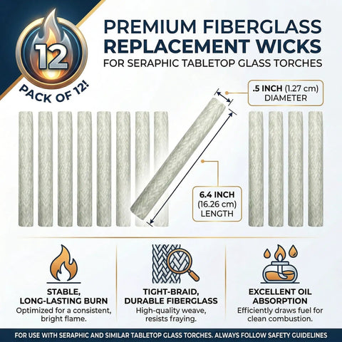 12-pack of 6-Inch Fiberglass Replacement Wicks For Outdoor Glass Torches, C. Oil Lamp Burner, 16 Oz Table Top Torch, Patio use