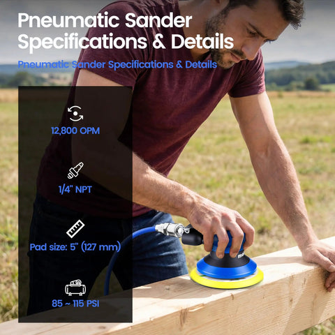 Pro Grade 5 Inch Random Orbital Palm Sander Built As A Smooth Operator Delivers Rock Solid 12000 Rpm Performance For Flawless Wood And Auto Body Finishing Crush Every Project Today. specifications with user in outdoor setting.