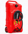 16 Gallon Rolling Gas Caddy With 10 Ft Manual Siphon Pump Hella Durable HDPE Fuel Tank storing gas with hose attached.