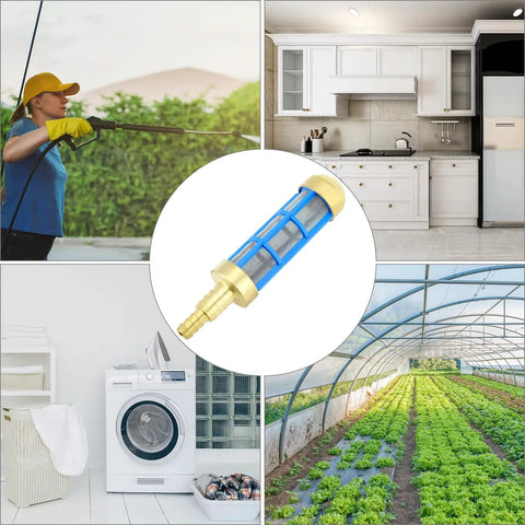 Collage with Pro Grade Heavy Duty Water Hose Filter for 3/4 and 5/8 inch hoses, showcasing various usage scenarios.
