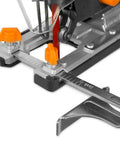 Close-up of Gassed Up Variable Speed Orbital Jig Saw With Integrated Laser And Hella Bright Led Work Light adjustable guide and settings.