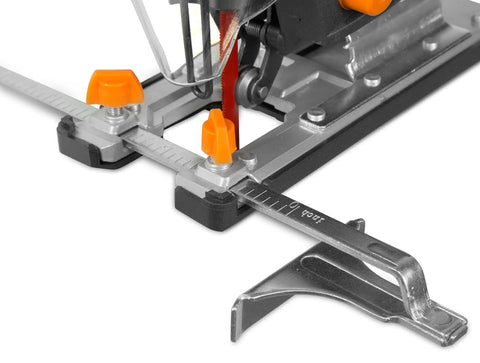 Close-up of Gassed Up Variable Speed Orbital Jig Saw With Integrated Laser And Hella Bright Led Work Light adjustable guide and settings.
