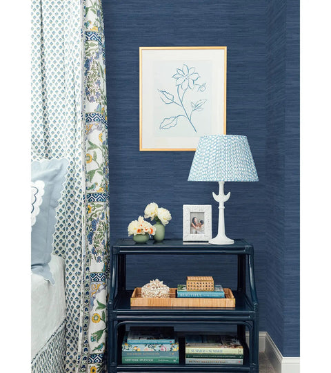 Room with Society Social Faux Grasscloth Peel And Stick Wallpaper Navy Blue as accent wall behind table and lamp