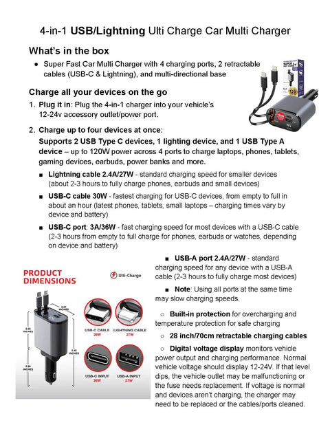 Hella Quick Retractable Car Charger Featuring Four USB C Ports And 120 Watt Output, showcasing compact design and four charging ports.