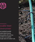 Plant Saving Hose Guide and 17.5 Inch Garden Stake Heavy Duty Water Pipe Guide for Lawn and Garden Keeps Hoses Elevated to Prevent Kinks and Drag, showing rust-resistant steel construction.