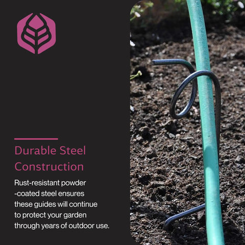 Plant Saving Hose Guide and 17.5 Inch Garden Stake Heavy Duty Water Pipe Guide for Lawn and Garden Keeps Hoses Elevated to Prevent Kinks and Drag, showing rust-resistant steel construction.