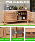 Outdoor Patio Storage Cabinet With Faux Marble Top Two Door Acacia Wood Console Sideboard open showing shelves.