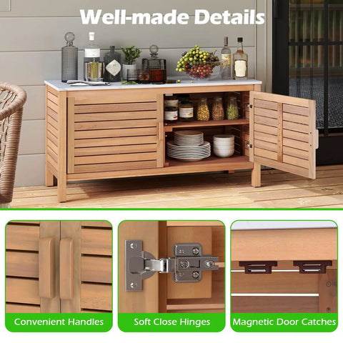 Outdoor Patio Storage Cabinet With Faux Marble Top Two Door Acacia Wood Console Sideboard open showing shelves.