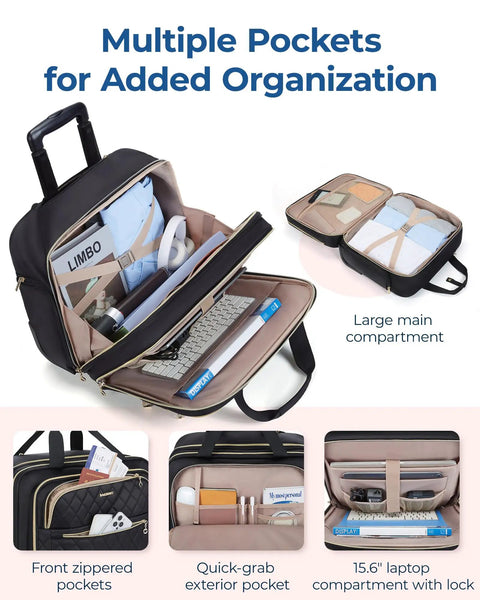 Rolling Laptop Bag For 15.6 Inch Laptop Underseat Carry On Luggage With TSA Lock showing multiple pockets and organizers