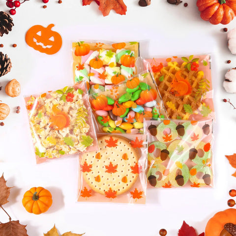 Fall Treat Bags 200 Pack, 4x4 Self Sealing Cellophane Bags with autumn leaves design, filled with cookies and candy for Thanksgiving.