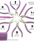 8 Piece Beading Pliers Set With Color Coordinated Tools And Orchid Leather Case For Jewelry Making Includes Chain Nose Pliers Side Cutter Pliers And Split Ring Tweezers To Craft Necklaces Bracelets And Earrings arranged on white background