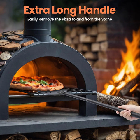 7 Inch Pizza Turning Peel With Extra Long Handle inserting pizza into outdoor oven