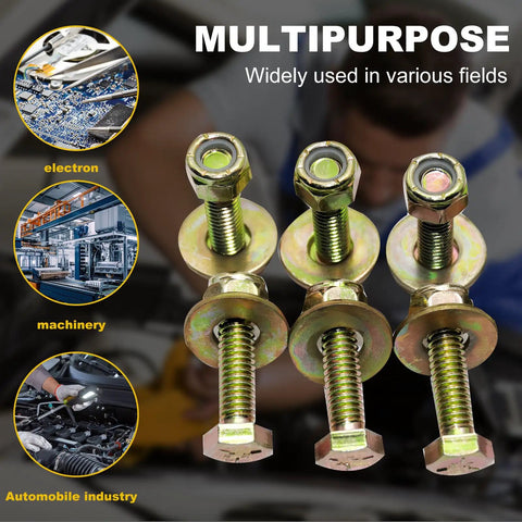 Built Tough 7/16 X 3 Inch Grade 5 Hex Head Bolts With Reliable Nylon Lock Nuts And Massive Flat Washers Zinc Coated Alloy Steel Hardware Kit used in machinery and automotive.