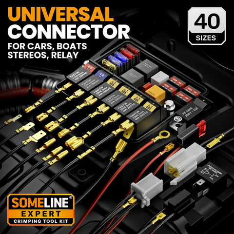 Universal connector with 40 sizes for cars, boats, stereos, and relays; displayed in an automotive circuit panel.
