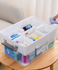 17 Quart Clear Plastic Storage Bins With Four Compartment Removable Tray, Stackable Latching Box With Easy Grip Handle