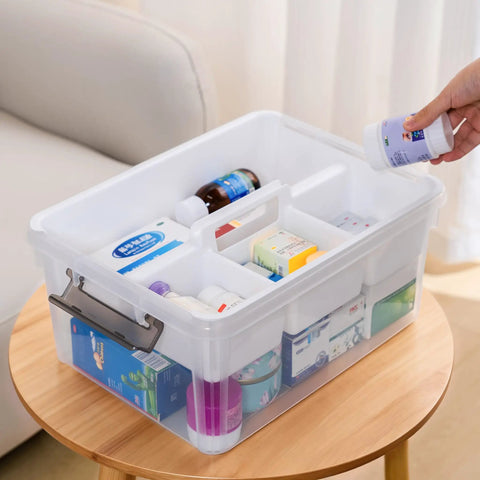 17 Quart Clear Plastic Storage Bins With Four Compartment Removable Tray, Stackable Latching Box With Easy Grip Handle