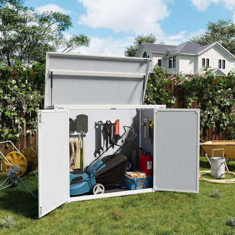 41 Cu Ft Horizontal Outdoor Storage Shed Weatherproof Resin With Thickened Floor, Easy Assembly, storing tools and lawn mower