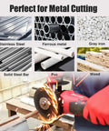 Image showing a person using a Five Inch Metal Cutting Discs Set for Angle Grinders to cut metal pipes. Includes materials like stainless steel and PVC.