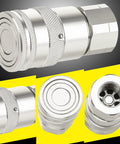 Two 1/2 in NPT flat-face hydraulic couplers with knurled bodies and four dust covers