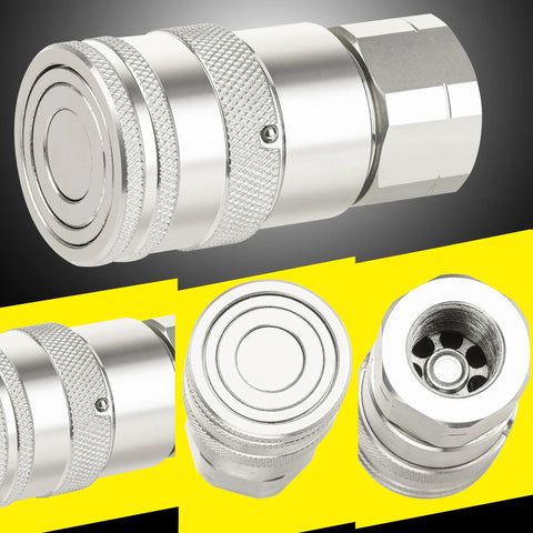 Two 1/2 in NPT flat-face hydraulic couplers with knurled bodies and four dust covers