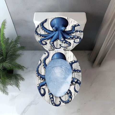 Elongated Resin Octopus Toilet Seat for Bathroom, blue octopus design on toilet lid, top view, suitable for elongated toilets.