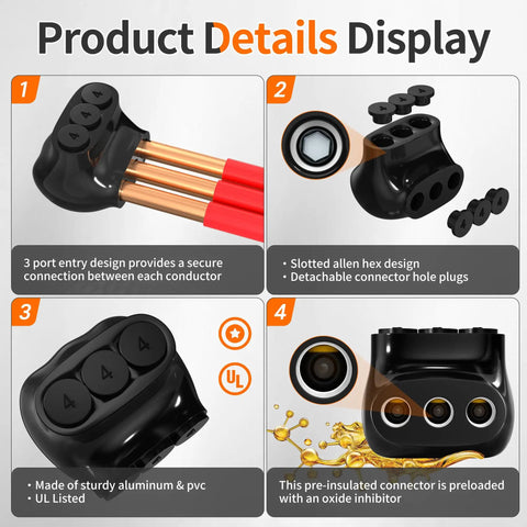Beefy 3 Port Insulated Multi Tap Connector Aluminum To Copper Wire Connector 4 To 14 AWG Single Side Entry Black Electrical Cable Connectors With Slotted Allen Hex Pack Of 6, black 3-port connector close-up