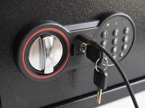 Heavy Duty Digital Timer Lockbox With Weekly Scheduled Access And Front Usb Charging Port Gold Finish close-up of lock and keypad.
